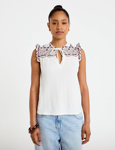 Blouse d&eacute;collet&eacute; sans manches brod&eacute;e rouge femme