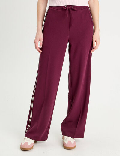 Pantalon large avec bandes prune femme