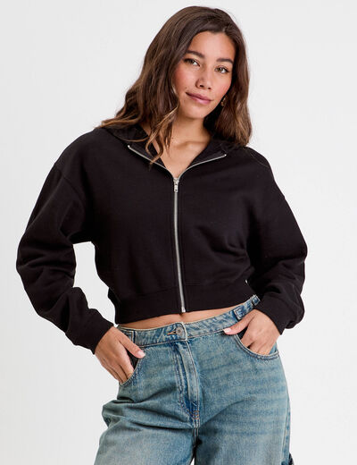 Sweat zippé à capuche noir femme