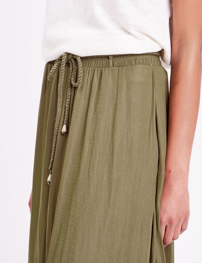 Jupe longue évasée satin vert kaki femme