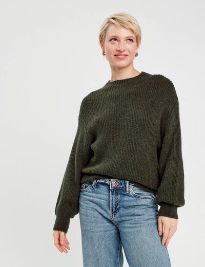 Pull col montant vert kaki femme