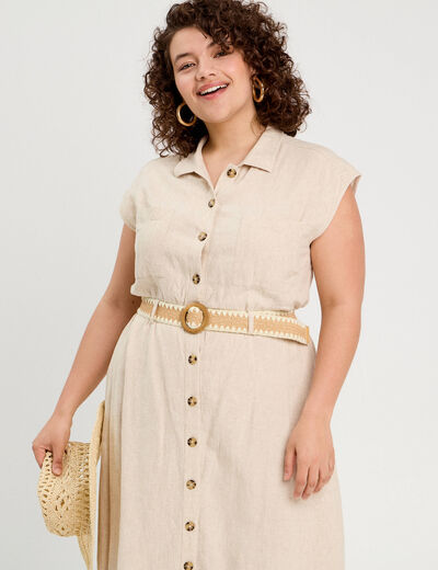Robe chemise midi contenant du lin beige femme