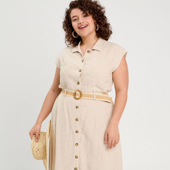 robe chemise midi contenant du lin beige femme Robe chemise midi contenant du lin beige femme