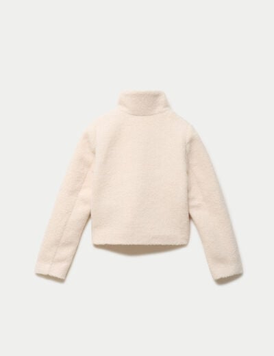 Veste droite bouclette col montant ecru femme