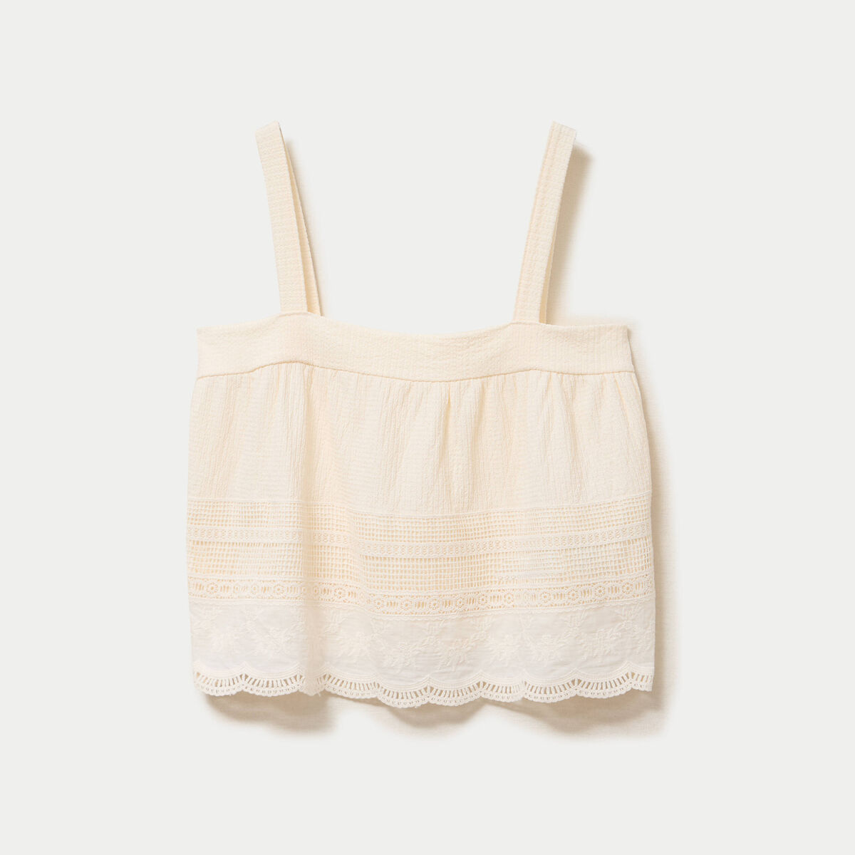 Top &agrave; bretelles broderie ecru femme