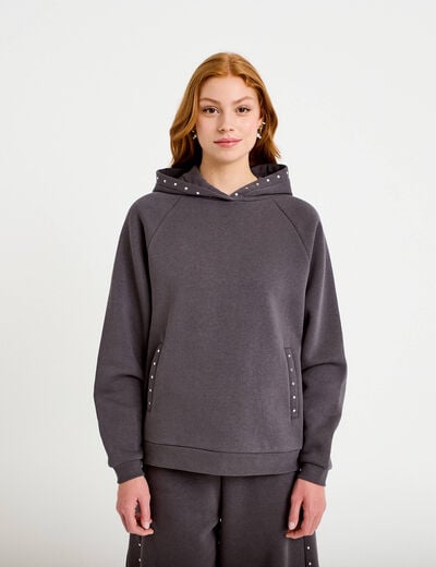 Sweat oversize &agrave; capuche manches longues gris fonc&eacute; femme