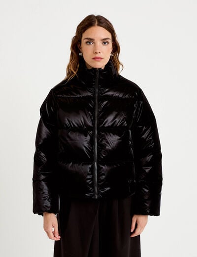 Doudoune cropped col montant brillante noir femme