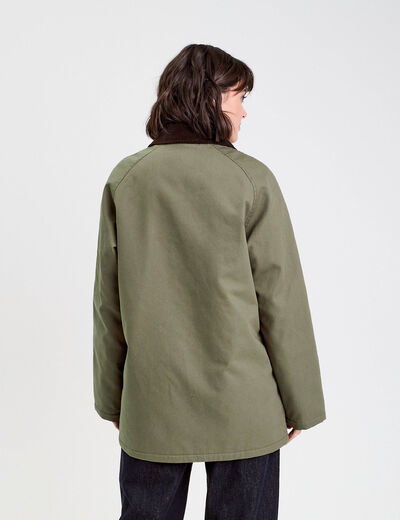 Veste droite mi-longue en coton vert kaki femme