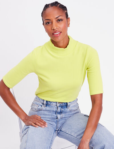 T-shirt côtelé col montant jaune citron femme