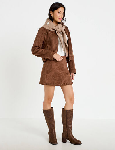 Jupe-short trap&egrave;ze taille haute daim marron femme