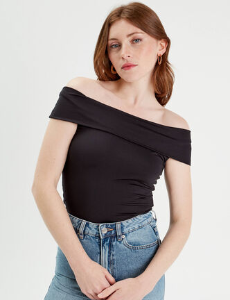 T-shirt col bardot noir femme