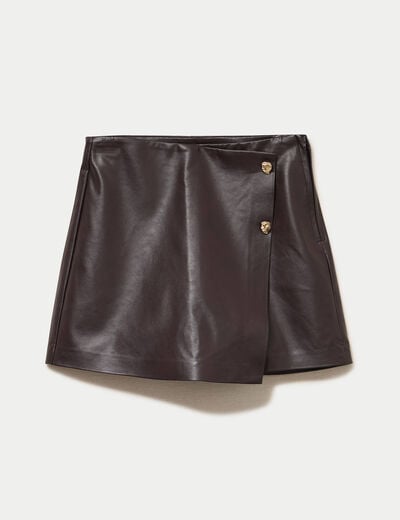 Jupe-short courte en similicuir marron fonc&eacute; femme