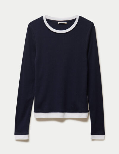 T-shirt 2-en-1 col rond manches longues bleu marine femme