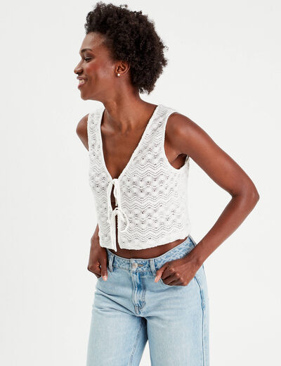 Gilet cropped crochet ecru femme