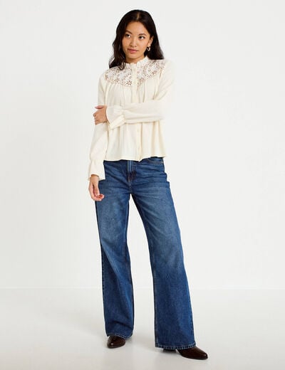 Blouse droite manches longues pliss&eacute;e ivoire femme
