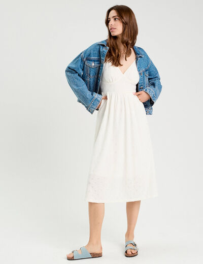 Robe longue évasée ajourée ecru femme