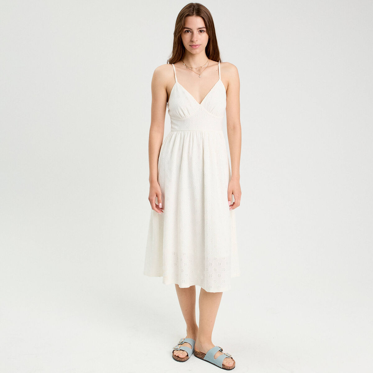 Robe longue évasée ajourée ecru femme