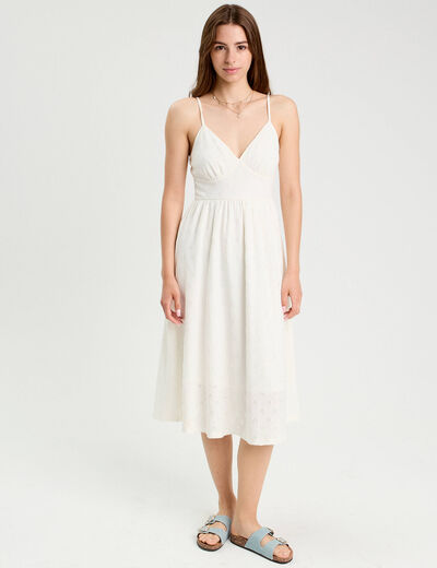 Robe longue évasée ajourée ecru femme