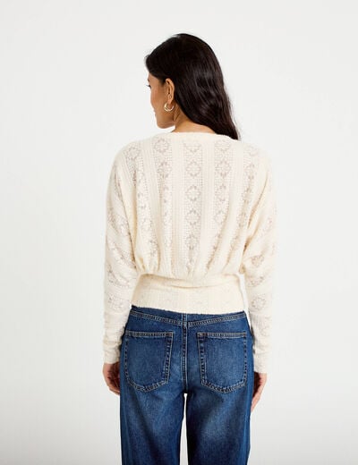 Gilet cintr&eacute; dentelle col rond ivoire femme