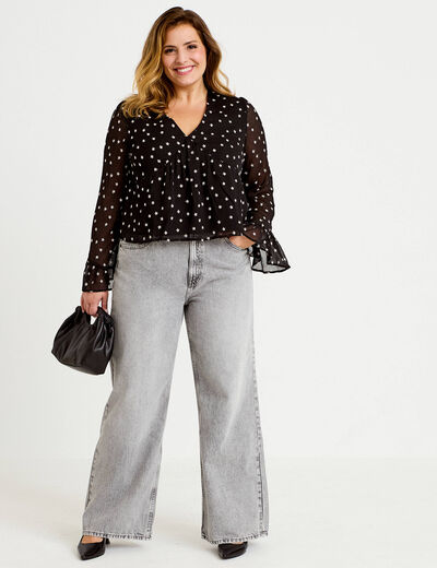 Jeans wide leg taille haute denim gris femme