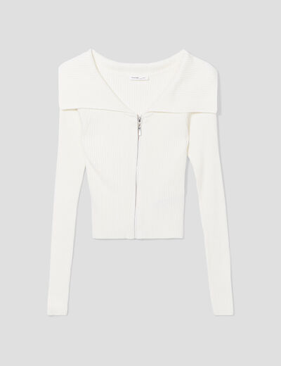 Gilet cropped zippé col bardot ecru femme