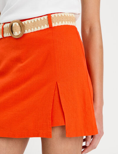 Jupe-short ceinturée contenant du lin orange femme