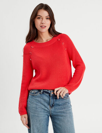 Pull avec boutons épaules rouge femme