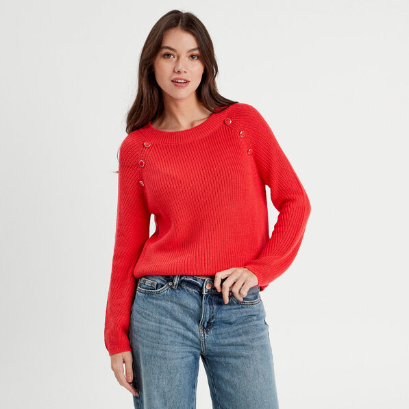 Pull avec boutons épaules rouge femme