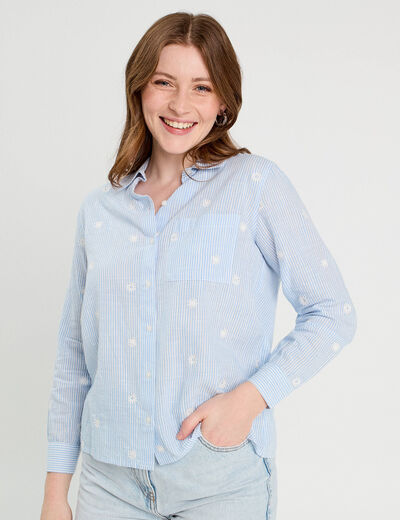 Chemise brodée manches longues blanc femme