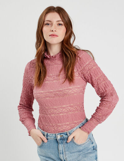 Blouse dentelle col montant vieux rose femme