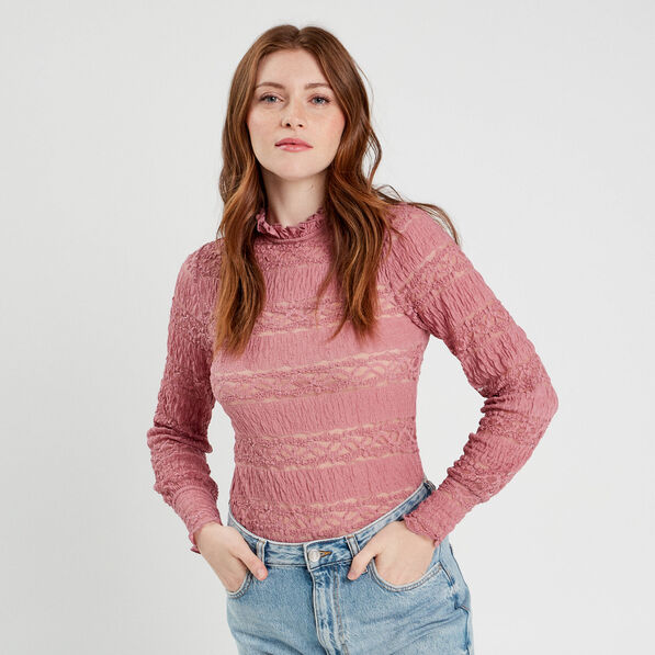 Blouse dentelle col montant vieux rose femme