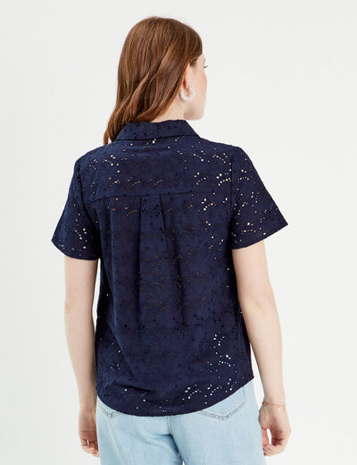 Chemise manches courtes brodée bleu marine femme