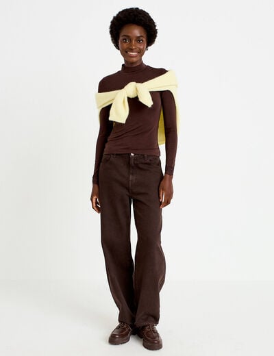 T-shirt ajust&eacute; col roul&eacute; dentelle marron fonc&eacute; femme