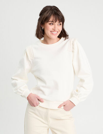 Sweat détails franges ecru femme