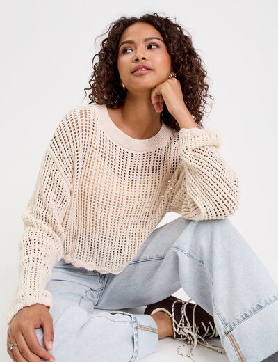 Pull ajouré col rond manches longues ecru femme