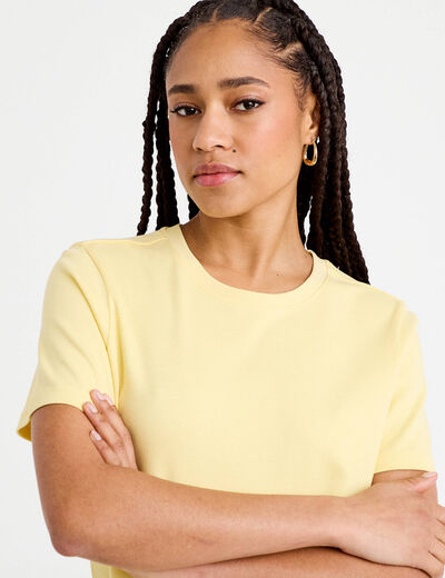 T-shirt col rond manches courtes jaune pastel femme