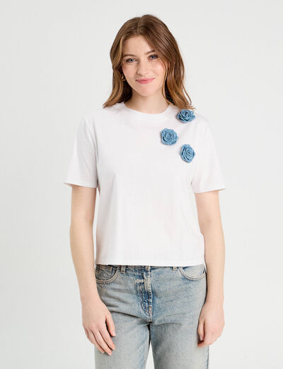 T-shirt détails fleurs blanc femme