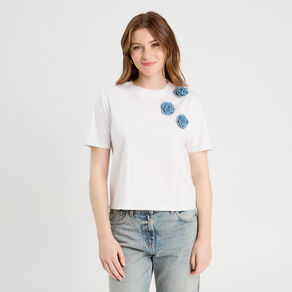 t shirt details fleurs blanc femme T-shirt détails fleurs blanc femme
