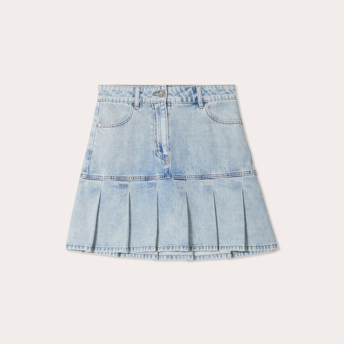 Jupe droite plissée en jean denim bleach femme