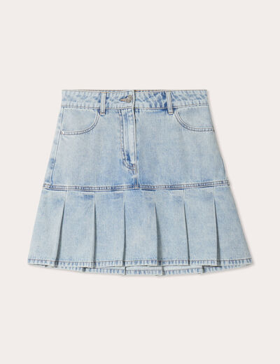 Jupe droite plissée en jean denim bleach femme