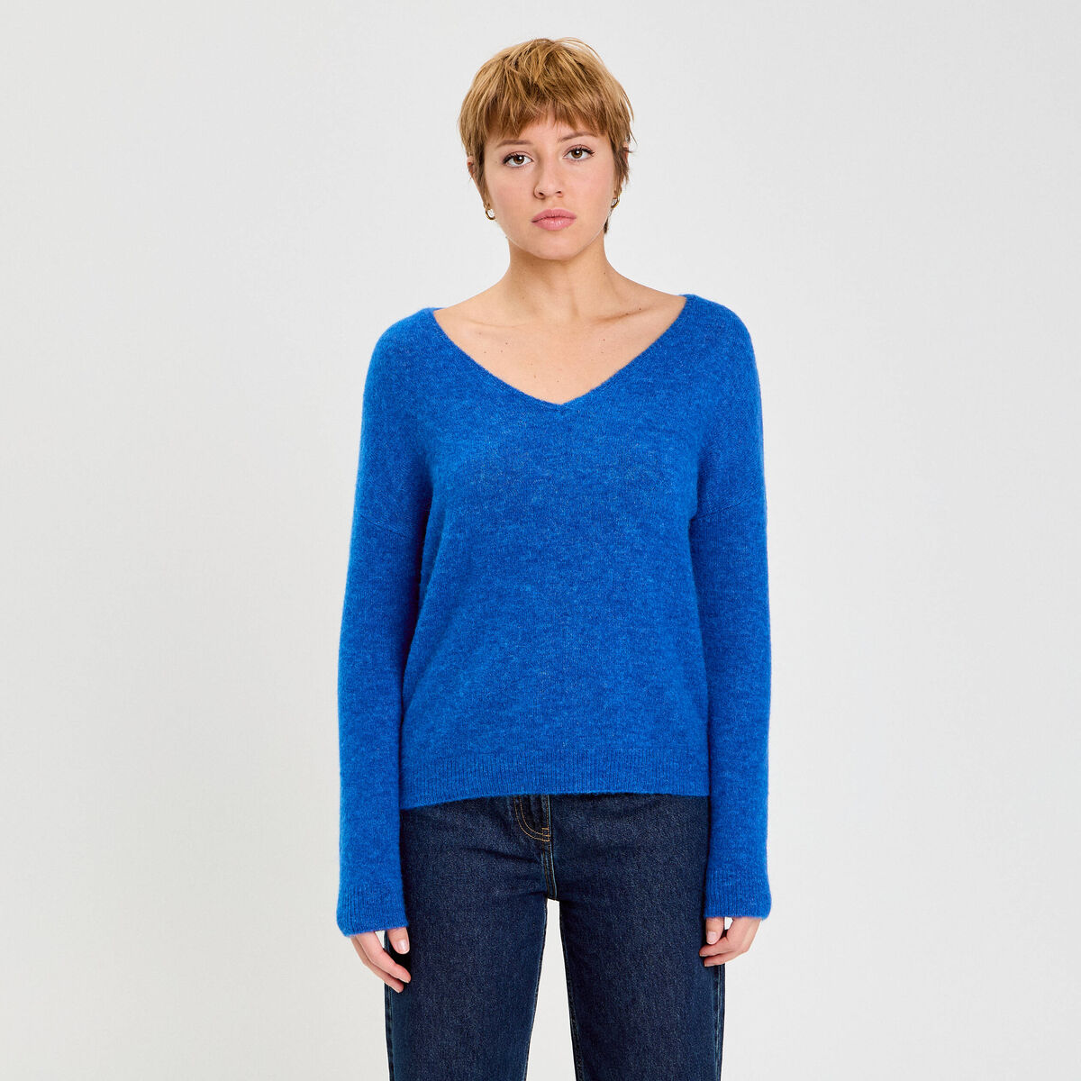 Pull avec col en V bleu electrique femme