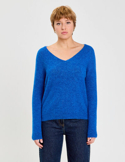 Pull avec col en V bleu electrique femme