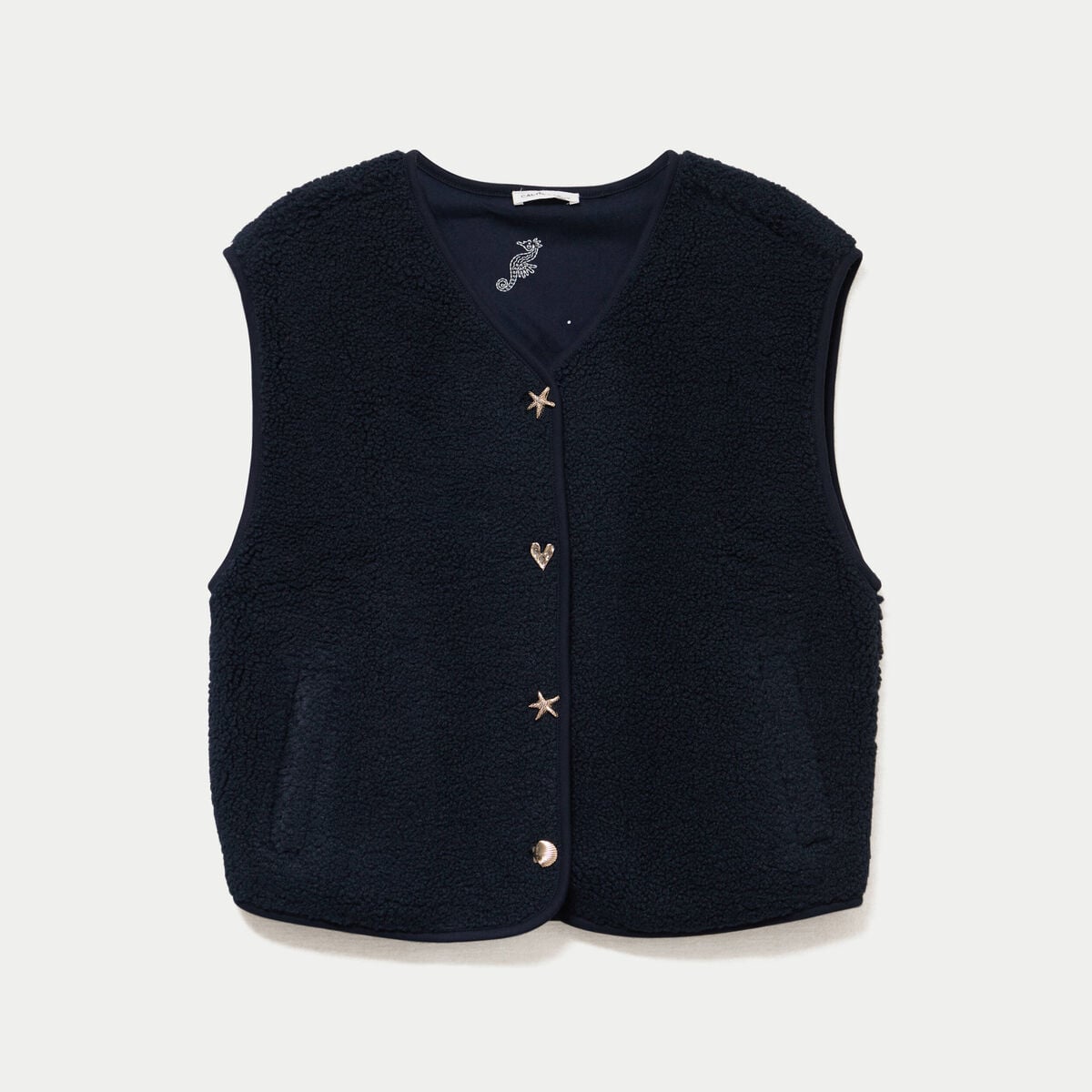 Gilet sans manches effet polaire col v bleu marine femme