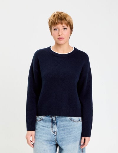 Pull col rond manches longues bleu marine femme