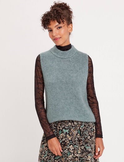 Pull sans manches col roulé vert foncé femme