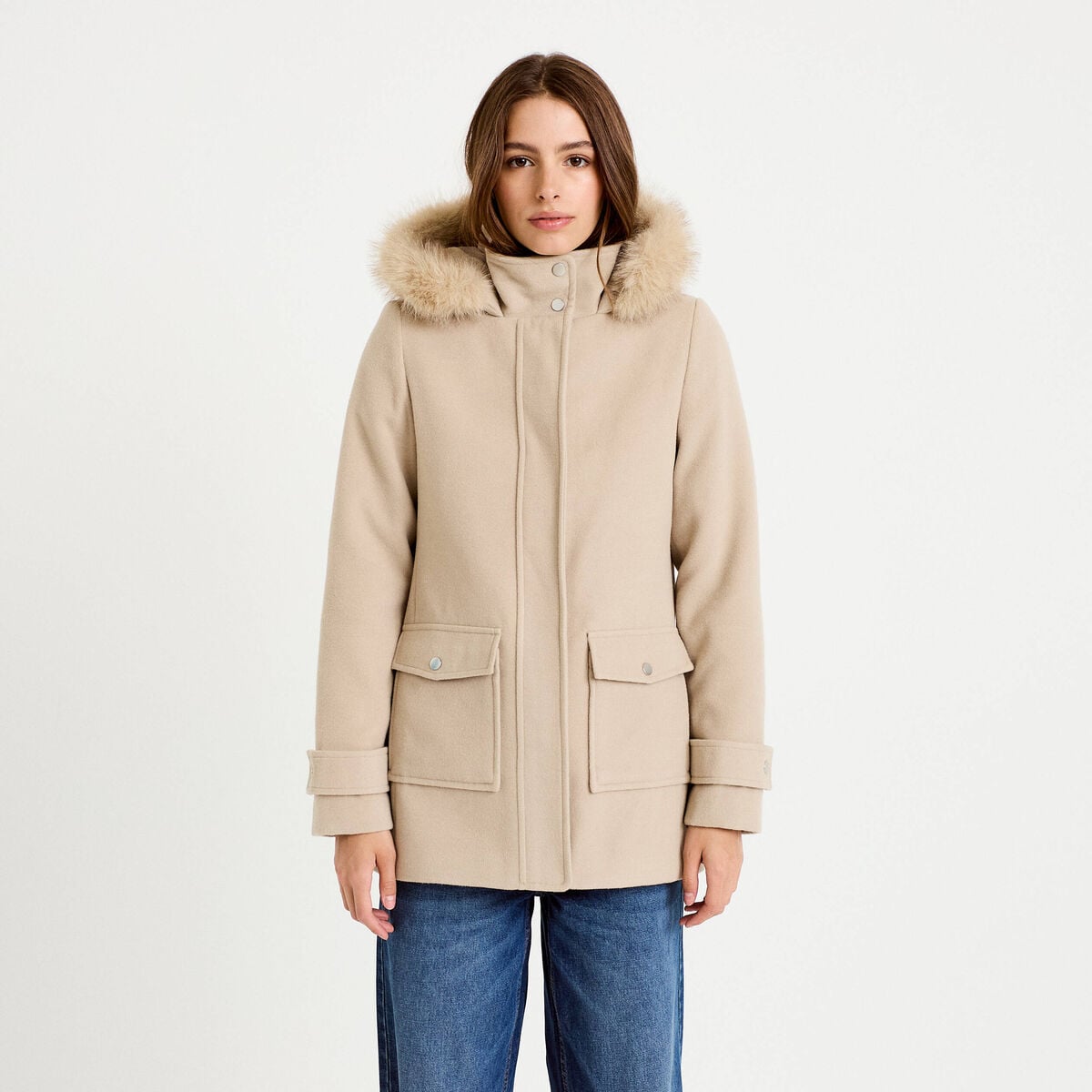 Manteau mi-long &agrave; capuche beige femme