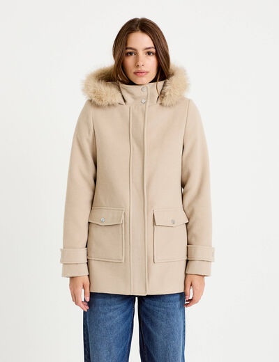 Manteau mi-long &agrave; capuche beige femme