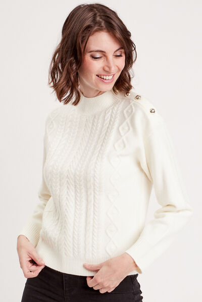 Pull col montant avec torsades ecru femme