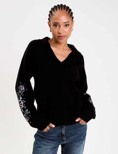 Pull brod&eacute; manches longues noir femme
