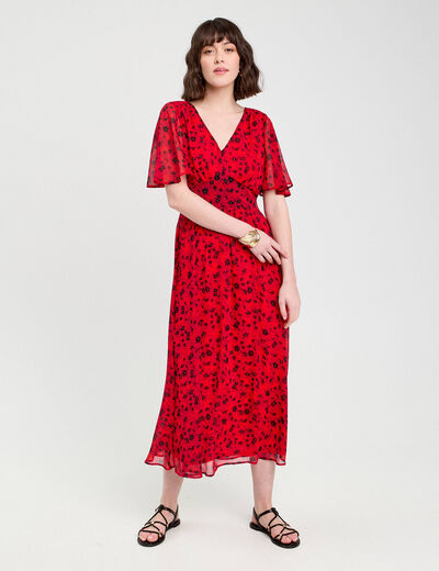 Robe longue évasée col en V rouge femme